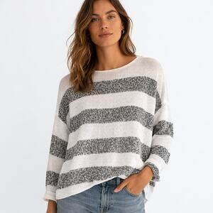 Eileen Fisher Organic Linen Striped Sweater M White Gray Open-Knit Boxy Relaxed